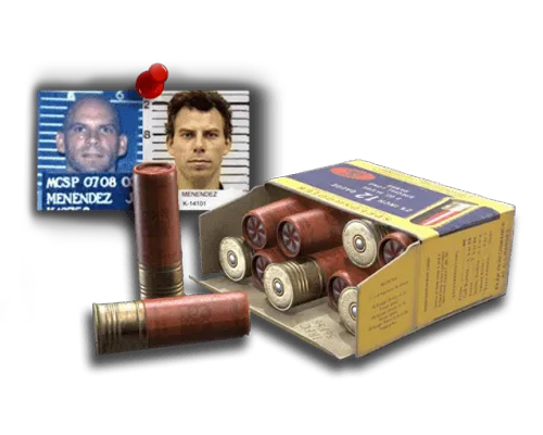 Mug shots of Lyle and Erik Menendez next to open box of bullets.